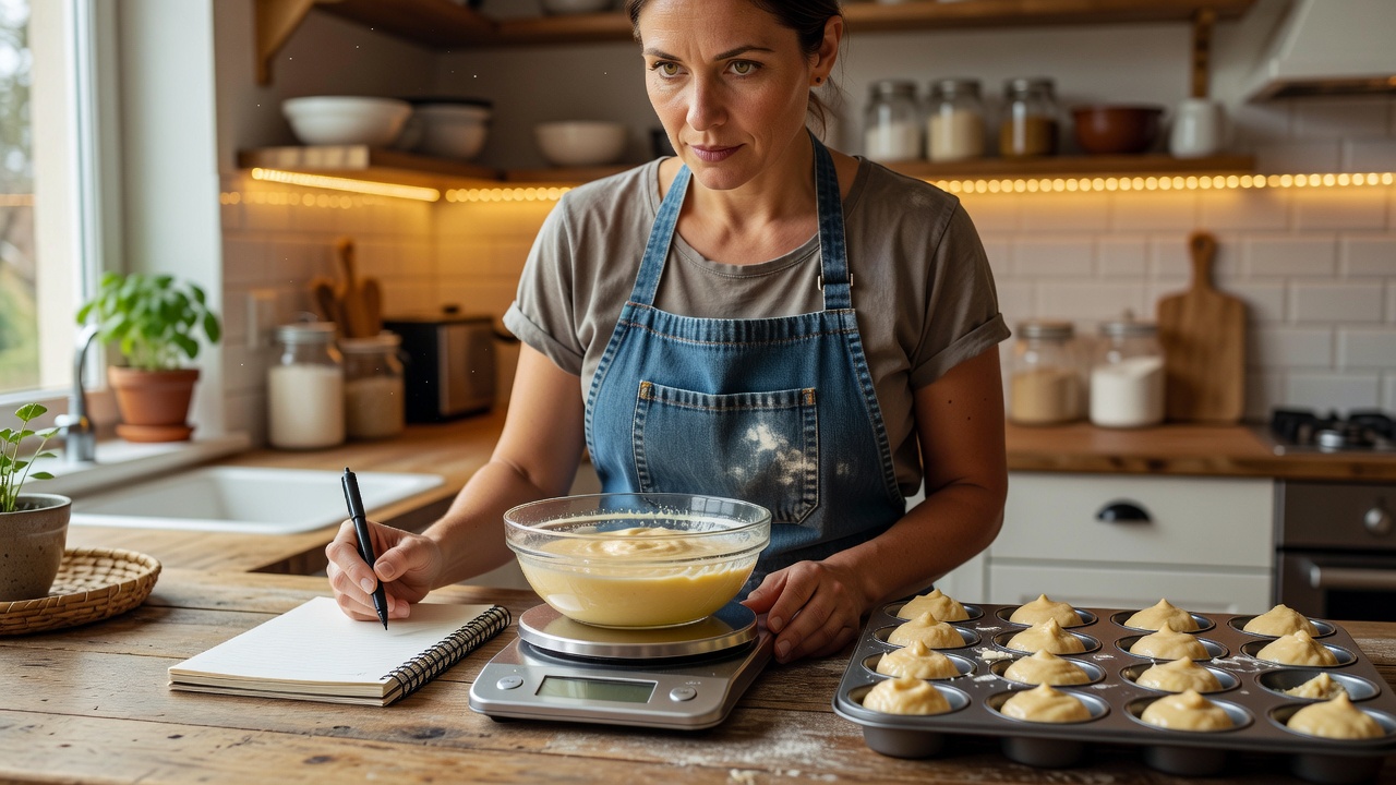 Home baker recording batter portion weights beside a muffin pan and digital scale