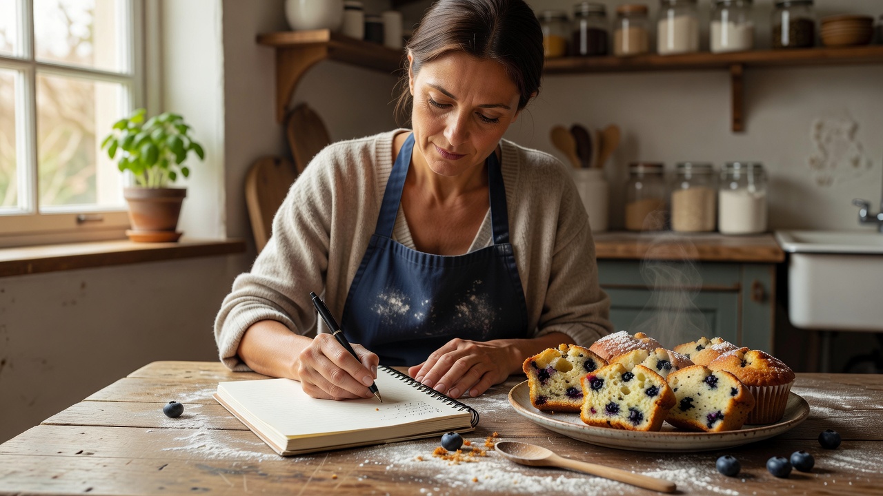 Home baker writing observations beside sliced muffins on a naturally lit kitchen table