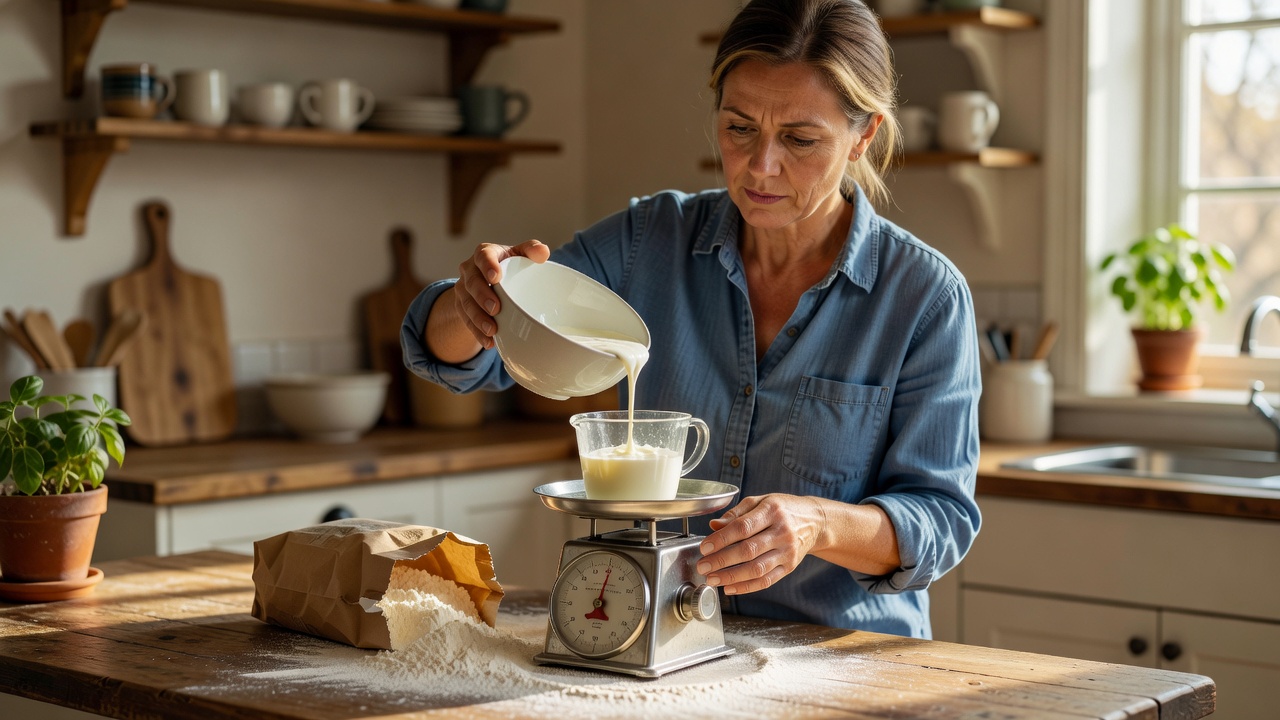 Baker weighing yogurt and flour in a home kitchen before recording a substitution