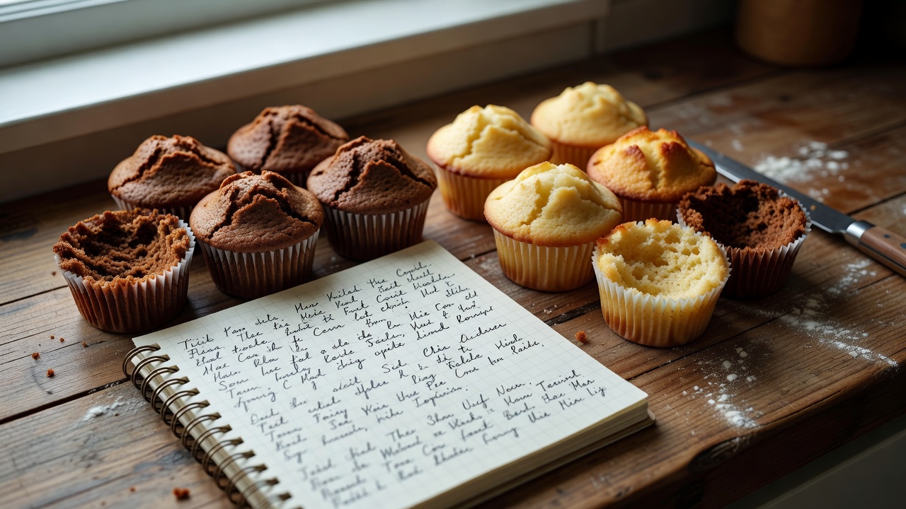 Two cooled muffin batches cut open beside handwritten kitchen observations