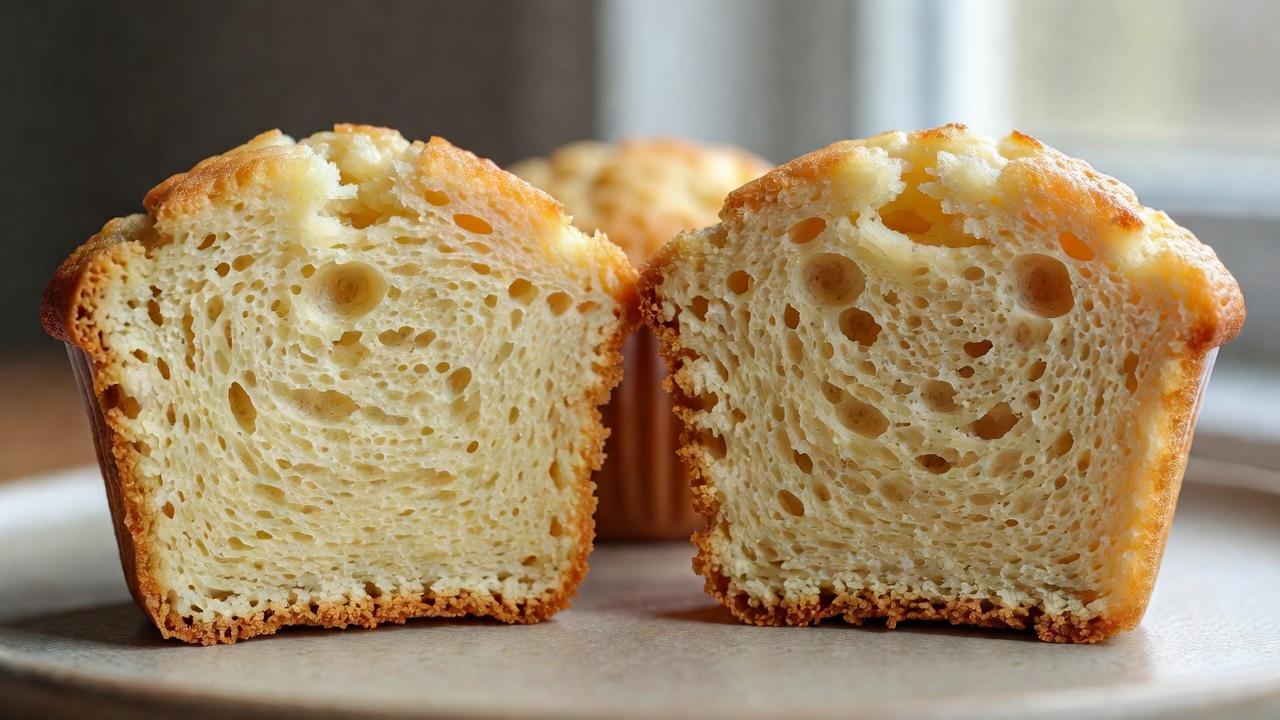 Sliced muffins showing a fine crumb and a more open crumb in natural window light